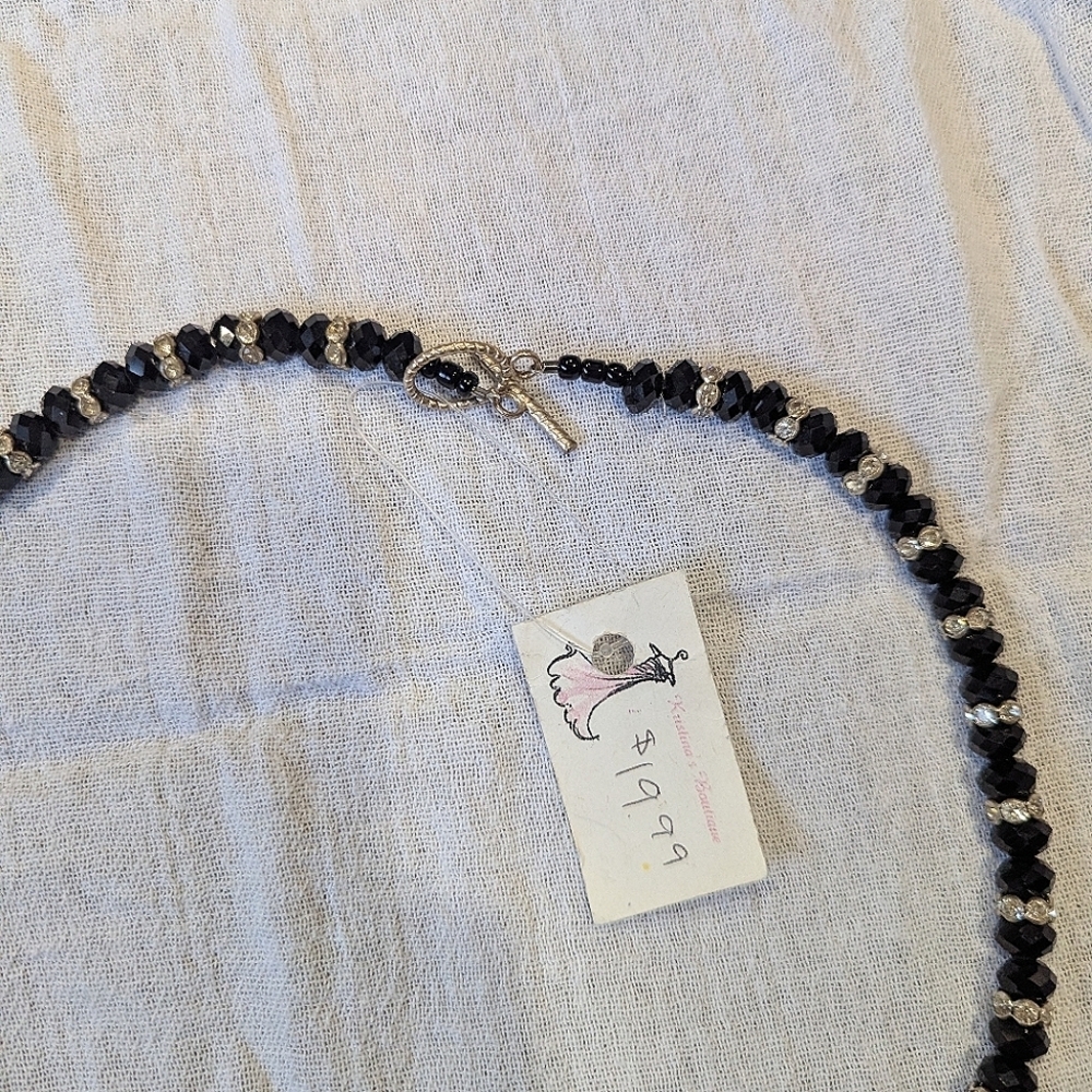 Black Stone Rhinestone Beaded Pendant Necklace Pendant Statement Goth Boho Y2K - Picture 4 of 5